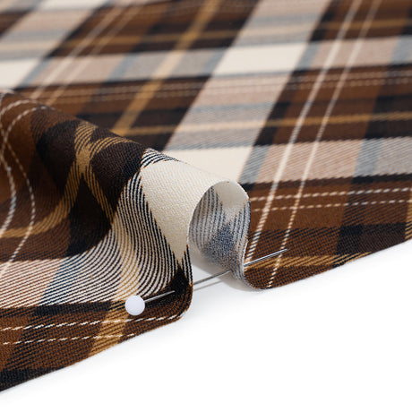 Stretch Polyester Crepe - Brown, Beige and Navy Diagonal Plaid - Designer Deadstock