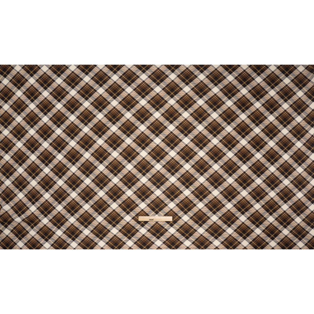 Stretch Polyester Crepe - Brown, Beige and Navy Diagonal Plaid - Designer Deadstock