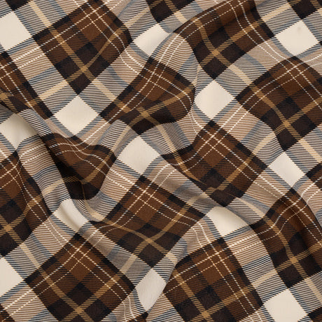 Stretch Polyester Crepe - Brown, Beige and Navy Diagonal Plaid - Designer Deadstock