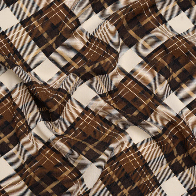 Stretch Polyester Crepe - Brown, Beige and Navy Diagonal Plaid - Designer Deadstock