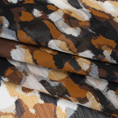 Crinkled Polyester Chiffon Print - Black, Brown and White Painterly Spots - Designer Deadstock