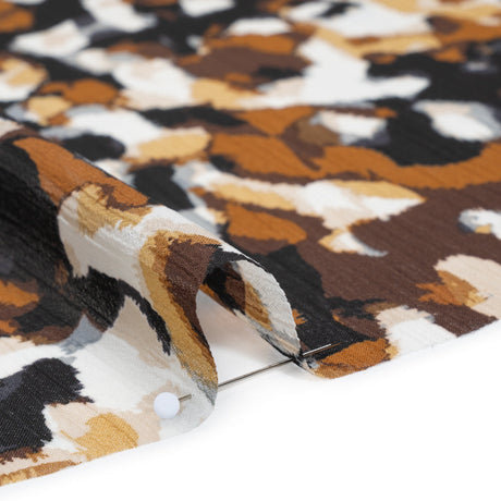 Crinkled Polyester Chiffon Print - Black, Brown and White Painterly Spots - Designer Deadstock
