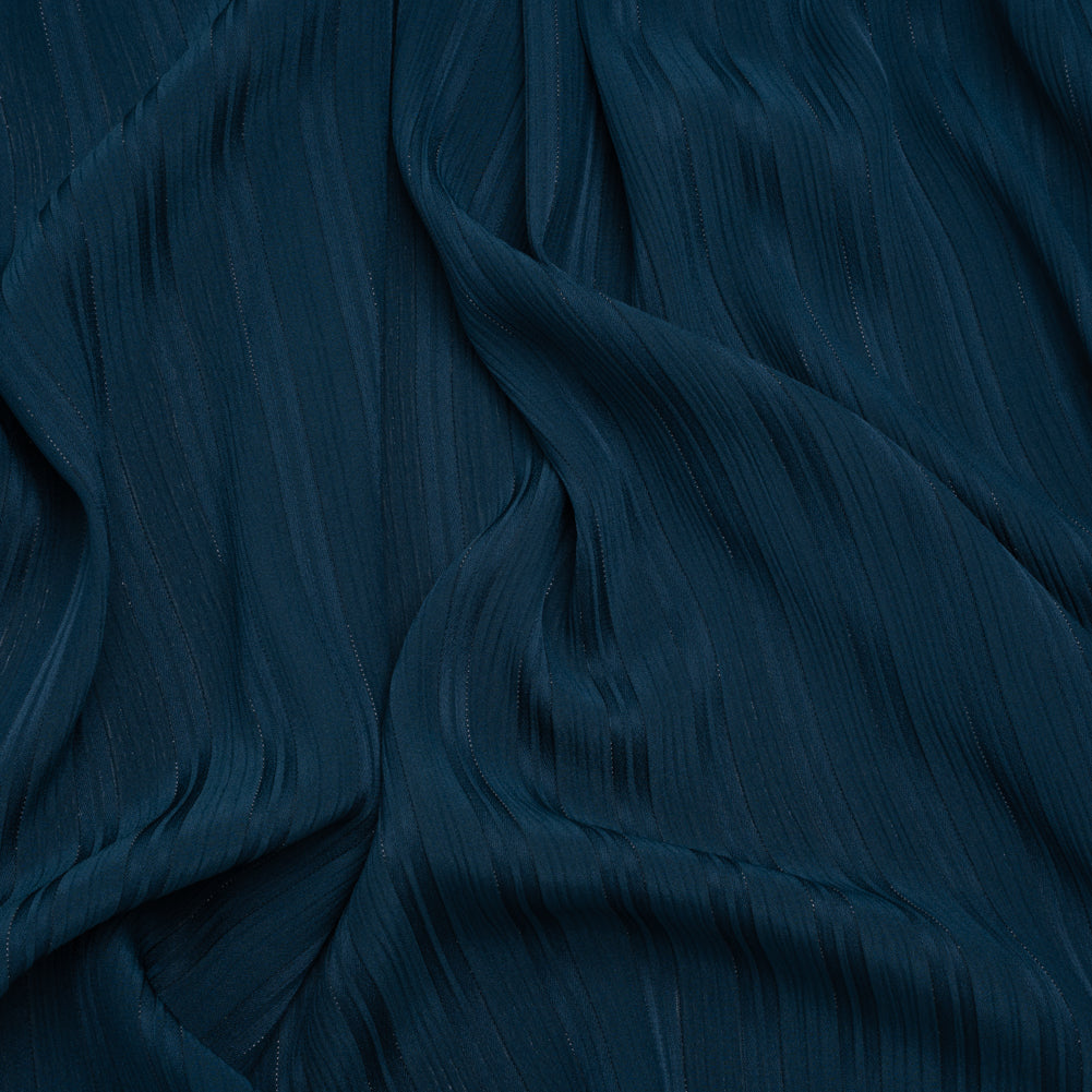 Polyester Dobby Plisse - Navy Blue Satin Stripes - Designer Deadstock