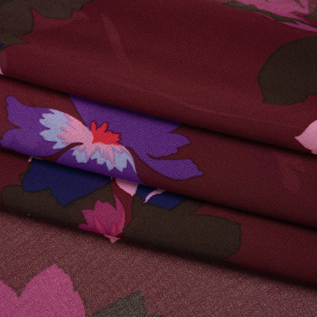 Polyester Chiffon Print - Wine Red, Pink and Purple Floral - Designer Deadstock
