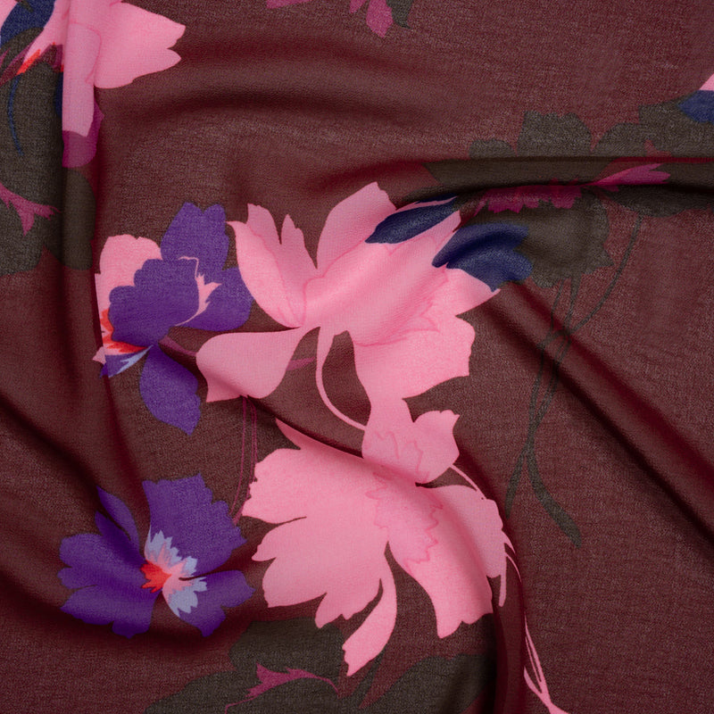 Polyester Chiffon Print - Wine Red, Pink and Purple Floral - Designer Deadstock