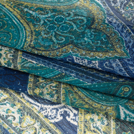 Crinkled Polyester Chiffon Print - Dark Blue, Teal and Olive Ornate Paisley Patchwork - Designer Deadstock