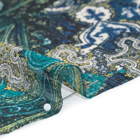 Crinkled Polyester Chiffon Print - Dark Blue, Teal and Olive Ornate Paisley Patchwork - Designer Deadstock