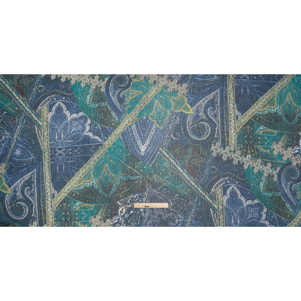 Crinkled Polyester Chiffon Print - Dark Blue, Teal and Olive Ornate Paisley Patchwork - Designer Deadstock