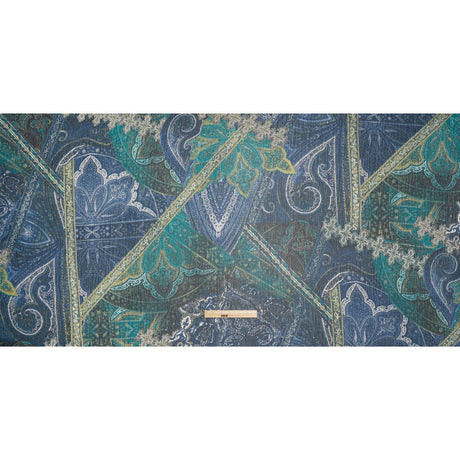 Crinkled Polyester Chiffon Print - Dark Blue, Teal and Olive Ornate Paisley Patchwork - Designer Deadstock