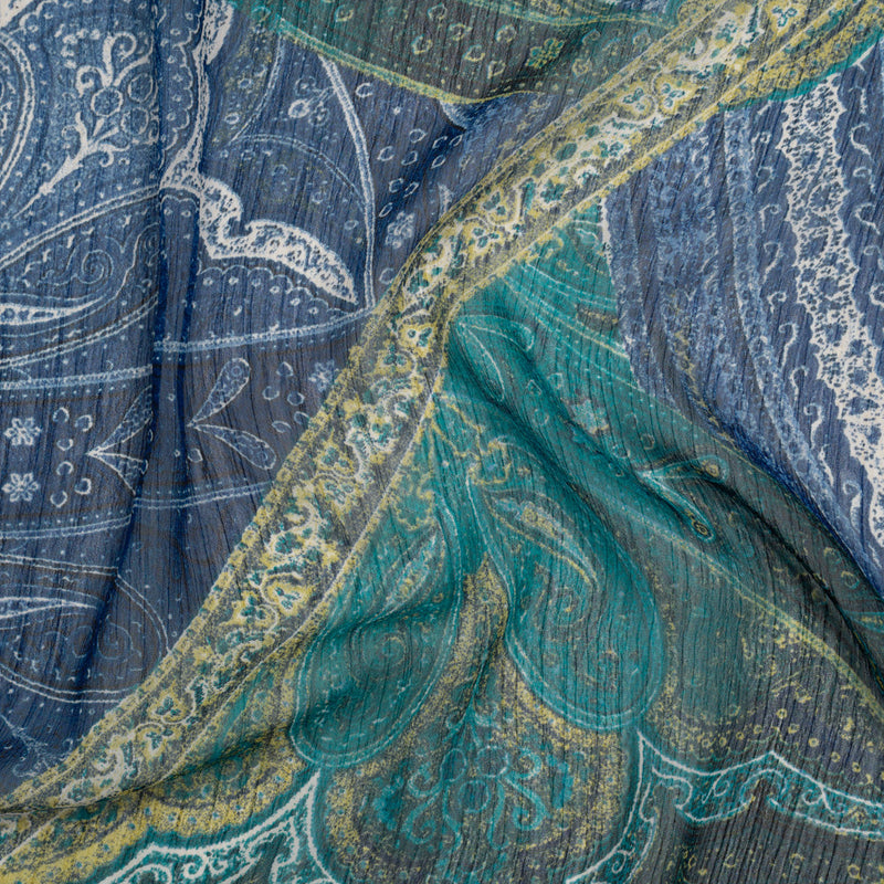 Crinkled Polyester Chiffon Print - Dark Blue, Teal and Olive Ornate Paisley Patchwork - Designer Deadstock