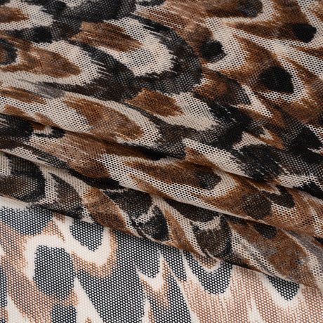 Polyester Stretch Mesh - Brown, Black and Cream Turkey Feathers - Designer Deadstock