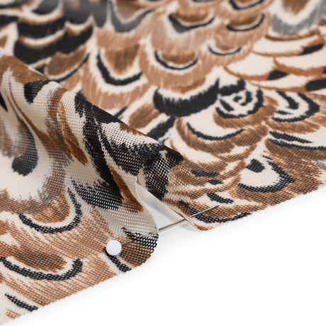 Polyester Stretch Mesh - Brown, Black and Cream Turkey Feathers - Designer Deadstock