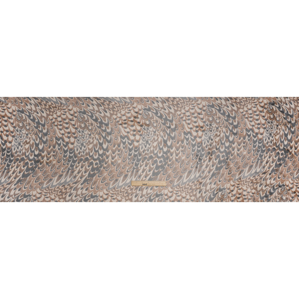 Polyester Stretch Mesh - Brown, Black and Cream Turkey Feathers - Designer Deadstock