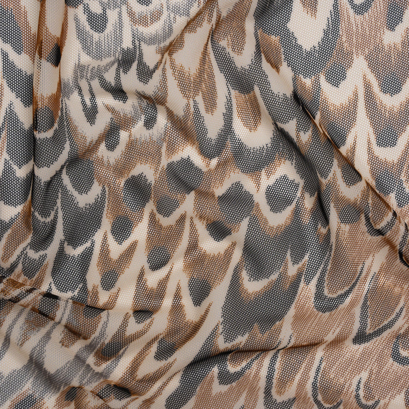 Polyester Stretch Mesh - Brown, Black and Cream Turkey Feathers - Designer Deadstock