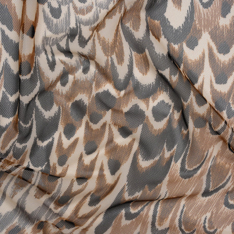 Polyester Stretch Mesh - Brown, Black and Cream Turkey Feathers - Designer Deadstock