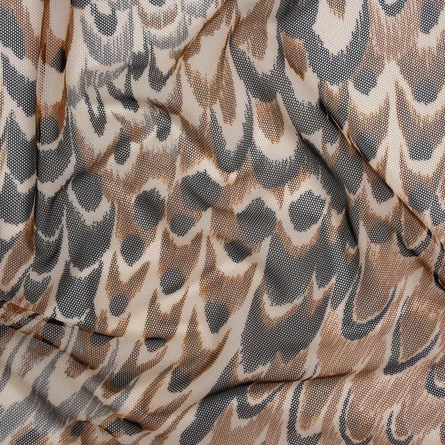 Polyester Stretch Mesh - Brown, Black and Cream Turkey Feathers - Designer Deadstock