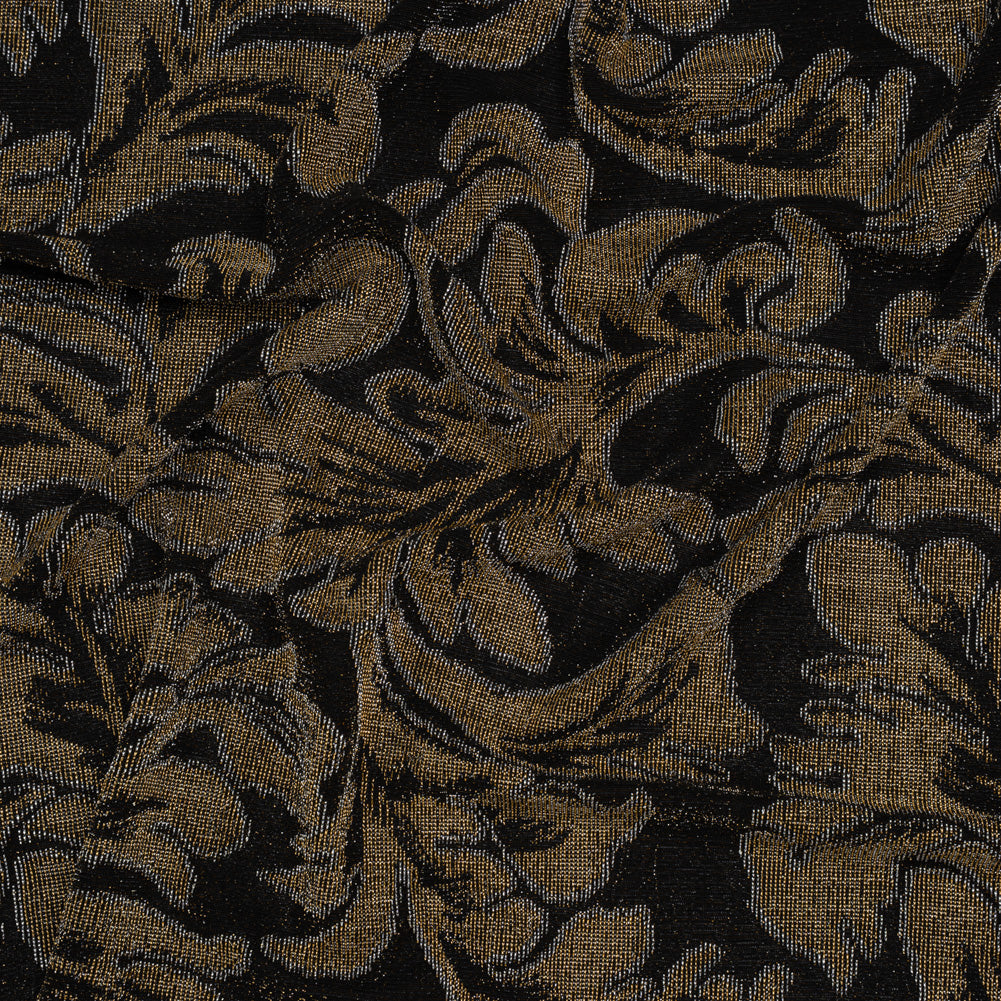 Metallic Nylon Knit - Black, Gold and Silver Floral - Designer Deadstock