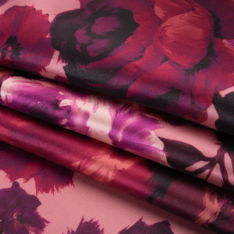 Polyester Mikado Print - Pink, Red and Plum Painterly Florals - Designer Deadstock