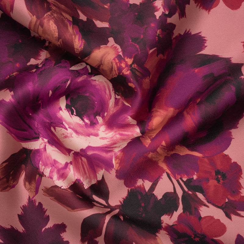 Polyester Mikado Print - Pink, Red and Plum Painterly Florals - Designer Deadstock