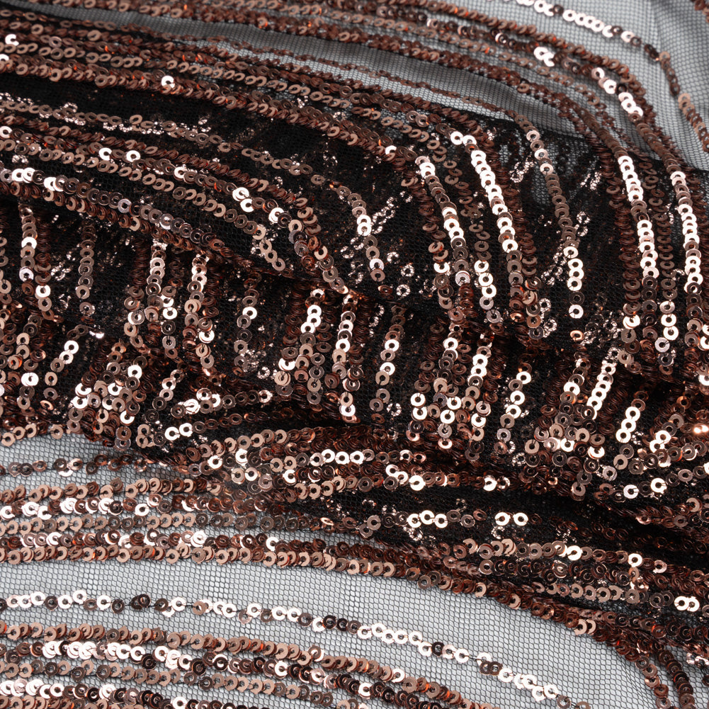 Sequined Polyester Tulle - Rose Gold Art Deco Arches on Black - Designer Deadstock