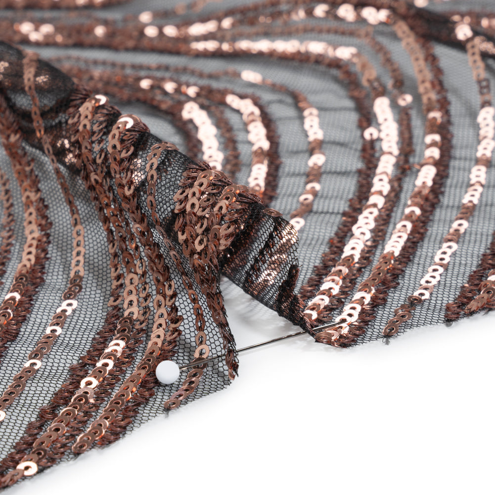 Sequined Polyester Tulle - Rose Gold Art Deco Arches on Black - Designer Deadstock