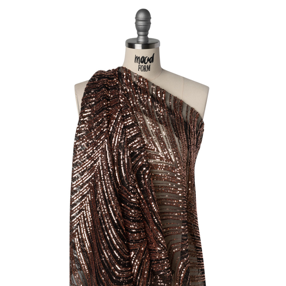 Sequined Polyester Tulle - Rose Gold Art Deco Arches on Black - Designer Deadstock