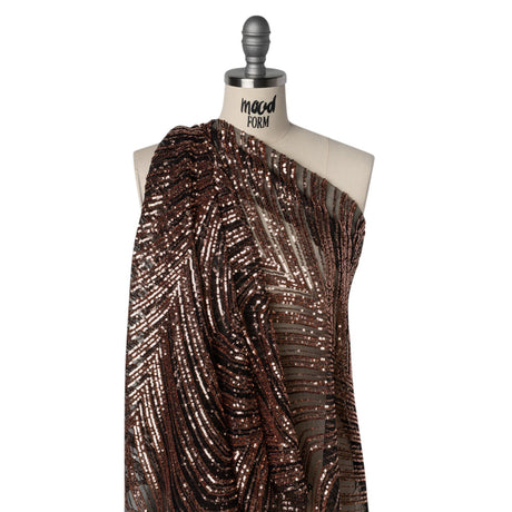 Sequined Polyester Tulle - Rose Gold Art Deco Arches on Black - Designer Deadstock
