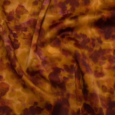 Stretch Polyester Crepe Back Satin - Burgundy and Gold Floral Impressions - Designer Deadstock