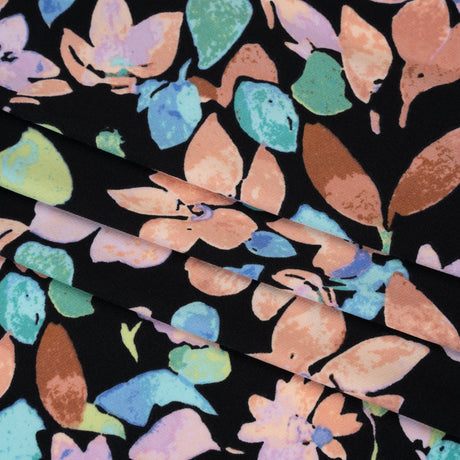 Stretch Polyester Jersey Print - Orange, Blue and Green Watercolor Flowers on Black - Designer Deadstock