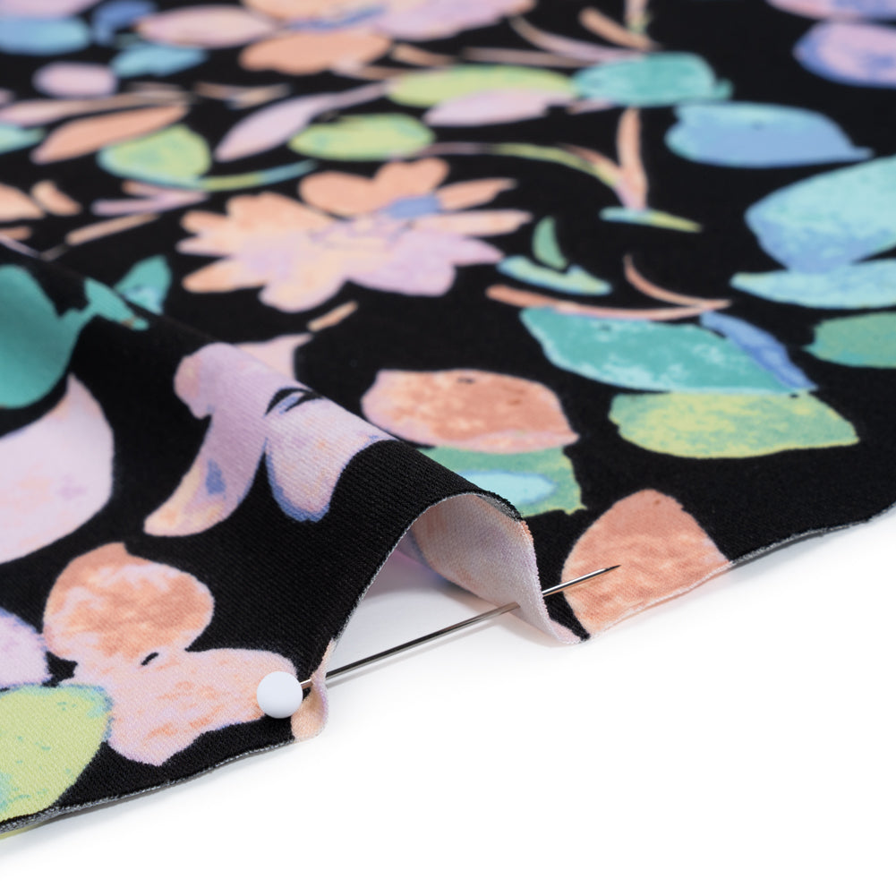Stretch Polyester Jersey Print - Orange, Blue and Green Watercolor Flowers on Black - Designer Deadstock