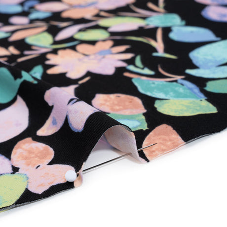 Stretch Polyester Jersey Print - Orange, Blue and Green Watercolor Flowers on Black - Designer Deadstock