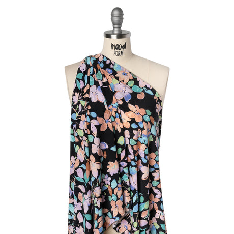 Stretch Polyester Jersey Print - Orange, Blue and Green Watercolor Flowers on Black - Designer Deadstock