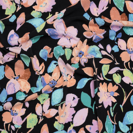 Stretch Polyester Jersey Print - Orange, Blue and Green Watercolor Flowers on Black - Designer Deadstock