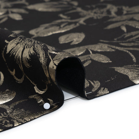 Metallic Stretch Polyester Scuba Knit Print - Black and Gold Floral - Designer Deadstock