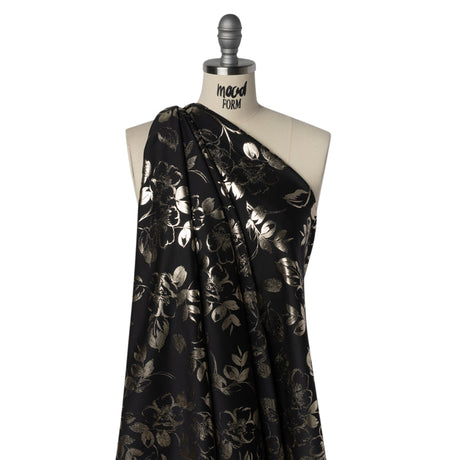 Metallic Stretch Polyester Scuba Knit Print - Black and Gold Floral - Designer Deadstock