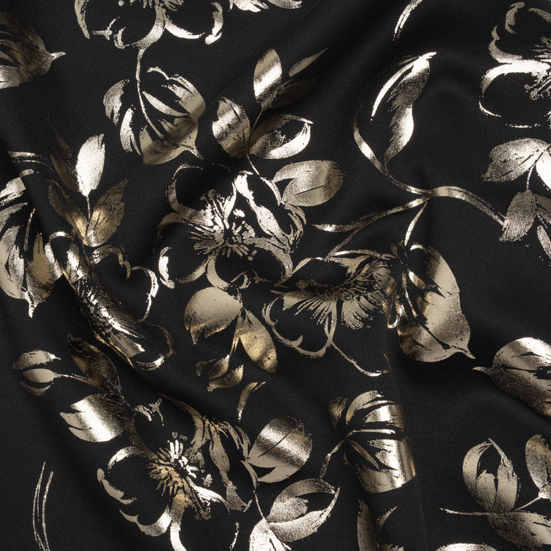 Metallic Stretch Polyester Scuba Knit Print - Black and Gold Floral - Designer Deadstock