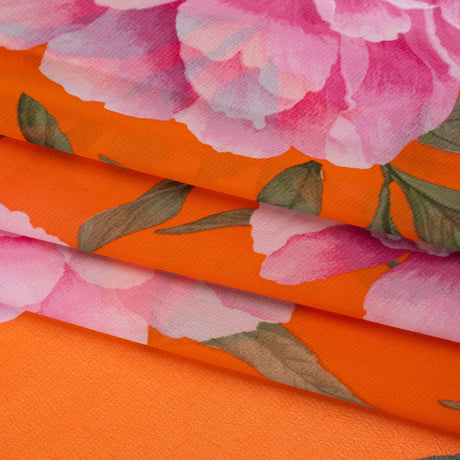 Polyester Chiffon Print - Pink and Orange Floral - Designer Deadstock