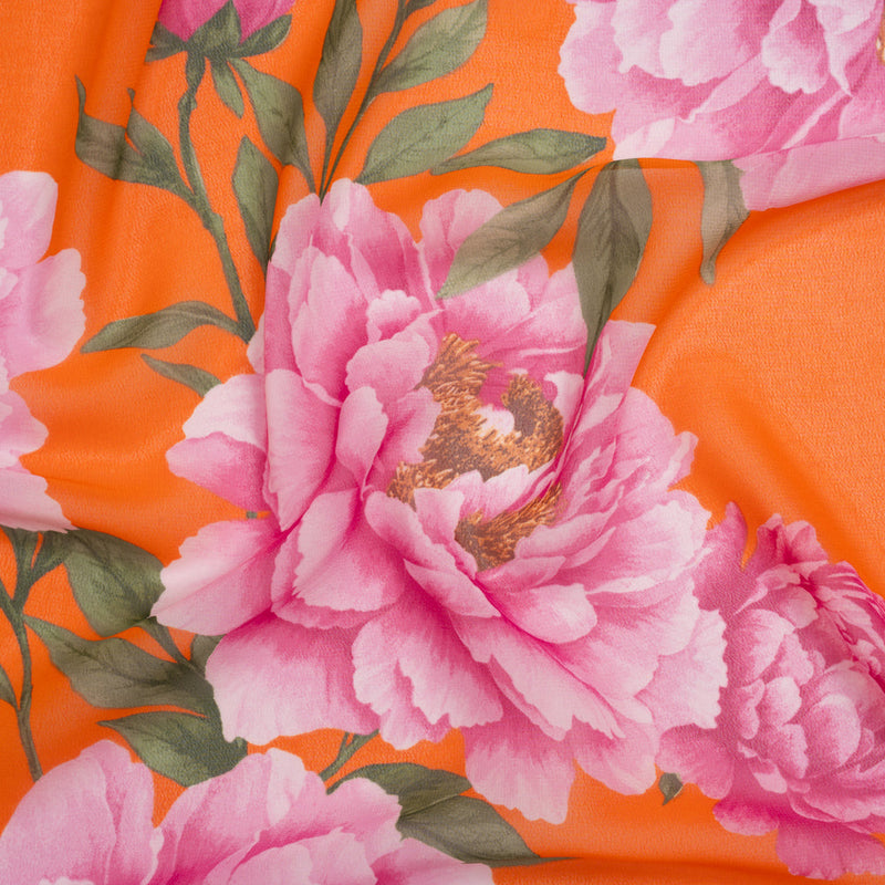 Polyester Chiffon Print - Pink and Orange Floral - Designer Deadstock