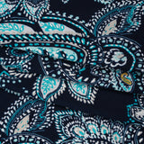 Stretch Polyester Tricot with Puff Print Details - Navy, Teal and White Paisley with Borders - Designer Deadstock