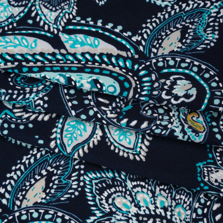 Stretch Polyester Tricot with Puff Print Details - Navy, Teal and White Paisley with Borders - Designer Deadstock