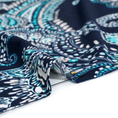 Stretch Polyester Tricot with Puff Print Details - Navy, Teal and White Paisley with Borders - Designer Deadstock