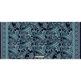 Stretch Polyester Tricot with Puff Print Details - Navy, Teal and White Paisley with Borders - Designer Deadstock