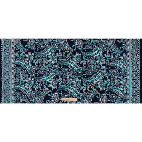 Stretch Polyester Tricot with Puff Print Details - Navy, Teal and White Paisley with Borders - Designer Deadstock