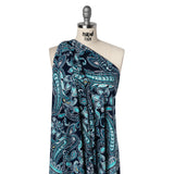 Stretch Polyester Tricot with Puff Print Details - Navy, Teal and White Paisley with Borders - Designer Deadstock