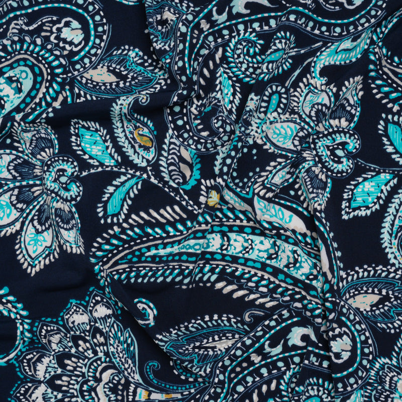 Stretch Polyester Tricot with Puff Print Details - Navy, Teal and White Paisley with Borders - Designer Deadstock