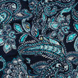Stretch Polyester Tricot with Puff Print Details - Navy, Teal and White Paisley with Borders - Designer Deadstock