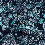 Stretch Polyester Tricot with Puff Print Details - Navy, Teal and White Paisley with Borders - Designer Deadstock