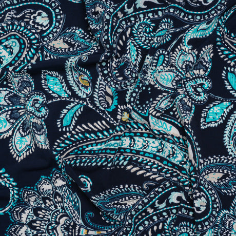 Stretch Polyester Tricot with Puff Print Details - Navy, Teal and White Paisley with Borders - Designer Deadstock