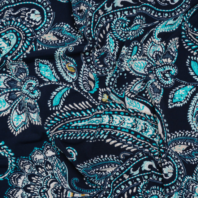 Stretch Polyester Tricot with Puff Print Details - Navy, Teal and White Paisley with Borders - Designer Deadstock