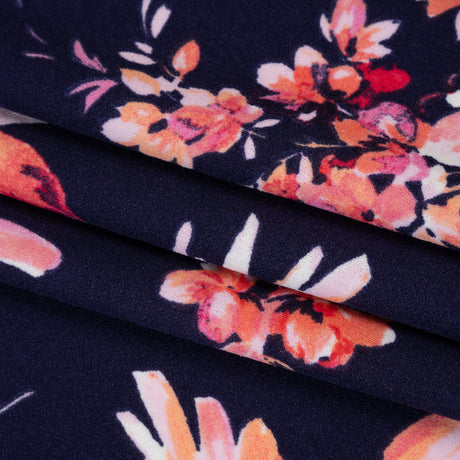 Stretch Polyester Crepe Double Knit - Navy Blue, Pink and Peach Floral - Designer Deadstock